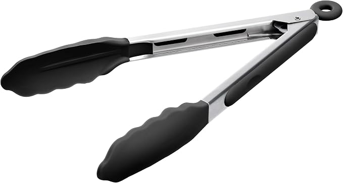 Doosu Kitchen Tongs with Silicone Tips for Cooking Serving (9in, Black) | 600°F Heat Resistant Food Tong, Heavy Duty Stainless Steel Locking Tong for BBQ, Grilling Steak, Salad, Toast, Pasta
