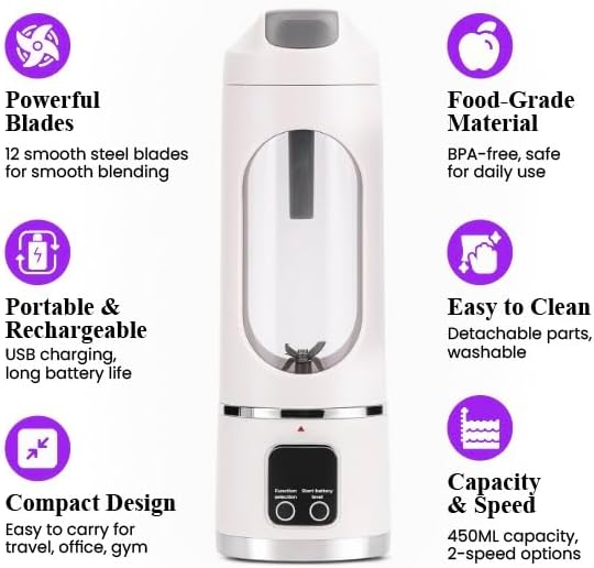 Portable Blender for shakes and Smoothies 15.2 oz Personal with USB Rechargeable battery, 12 stainless steel blades. (White)