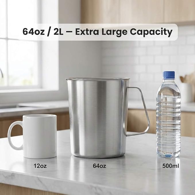 QWORK 304 Stainless Steel Measuring Cup 64 OZ with OZ/ML Graduations, 8 Cup Kitchen Mixing Pitcher, Precision Engraved Markings, Container for Baking and Frothing, 2 Liter