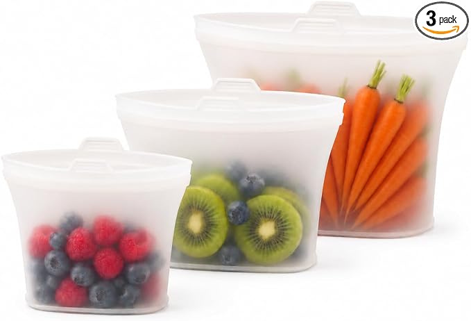 Reusable Silicone Food Storage Bags, 3 Pack 17/34/50 oz, Snack & Meal Prep(Clear)