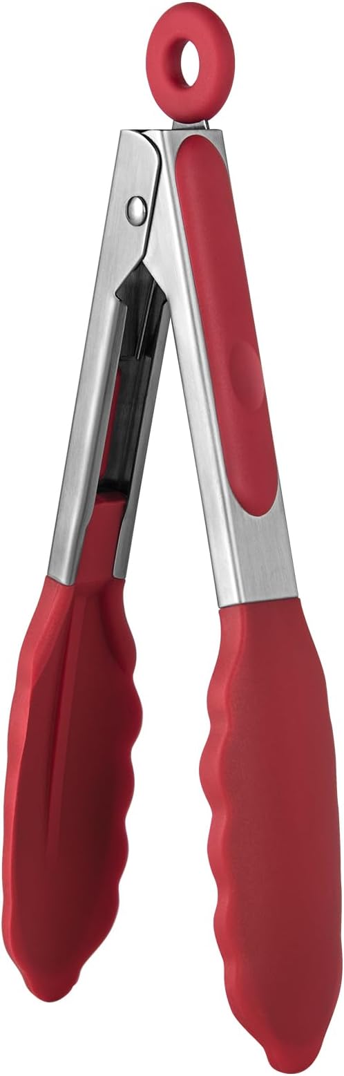U-Taste Kitchen Tong for Cooking, 600ºF Heat-Resistant Silicone, 7in/Red | Small Mini Silicon Tongs for Serving Food, Short Salad Thong with Non Stick Rubber Tips & 18/8 Stainless Steel Handle