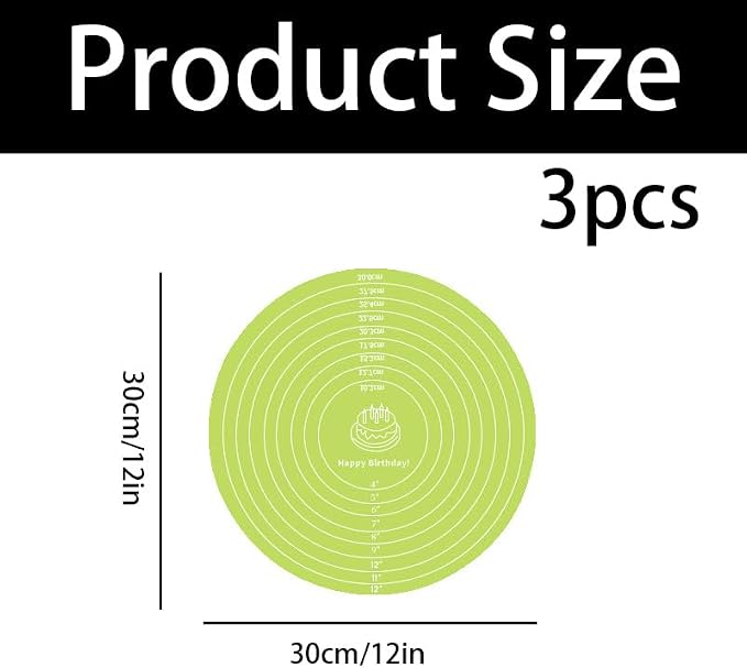 3 Pcs Silicone Cake Mats, 12 Inch Round Silicone Baking Mat with Measurements Reusable Non-Stick Non-Slip Heat Resistant Cookie Mat for Cake Turntable Pizza Dough Pastry Rolling (Pink, Blue, Green)