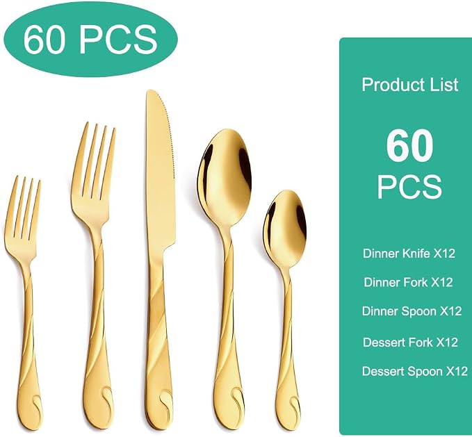 Gold Silverware Set for 12, 60-Piece Stainless Steel Flatware Set