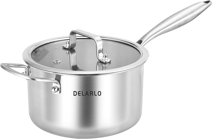 DELARLO Full-body Clad Tri-ply Stainless Steel 3.5 Quart Saucepan with Lid | Stainless Steel Pot Induction Cooking Sauce Pot Pan, Fast and Even Heat, Heavy Duty Saucier Cookware, PFOA&PTFE Free