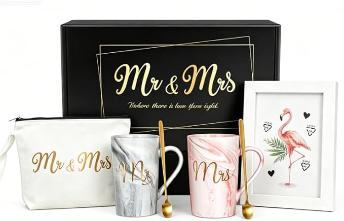 Linkax Wedding Gifts for Couples, Coffee Mugs with Photo Frame Makeup Bag | Christmas Gift for Couples Newlyweds Husband Wife His and Hers Couples Gift Bride to Be Bridal Shower Engagement Anniversary