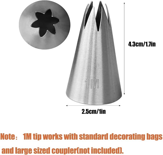 1M Piping Tip for Cake Decorating,Seamless Icing Tips,3 Pcs Decorating Tips,Open Star,Stainless Steel