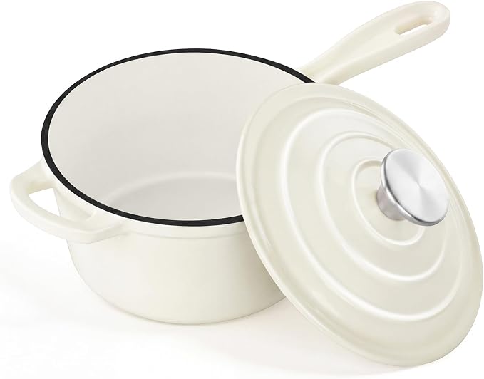 2Qt Enameled Cast Iron Sauce Pan, Leonyo Dutch Oven Pot with Lid, Non Stick Cooking Simmer Pots Induction Kitchen Cookware for All Cooktops Baking Bread, Soup, Ramen - Up to 500°F, Cream White