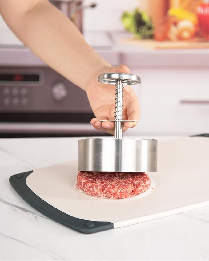 Brigii Burger Press, 5.5" 304 Stainless Steel Hamburger Press Patty Maker | Spring back design, thickness guide 100g-400g, easy release, no coating, no rust, dishwasher safe, for ground beef patties
