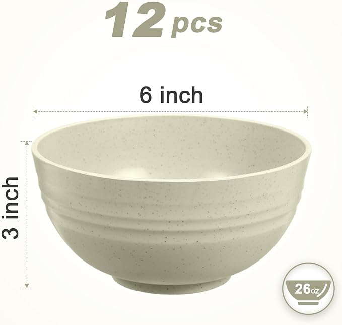 HEYCOME 12 Pcs Unbreakable Cereal Bowls Set, 26 Oz Wheat Straw Bowls Set, Microwave & Dishwasher Safe Bowls for Kitchen, Reusable Plastic Bowls for Soup, Salad and Snack, BPA Free, Beige