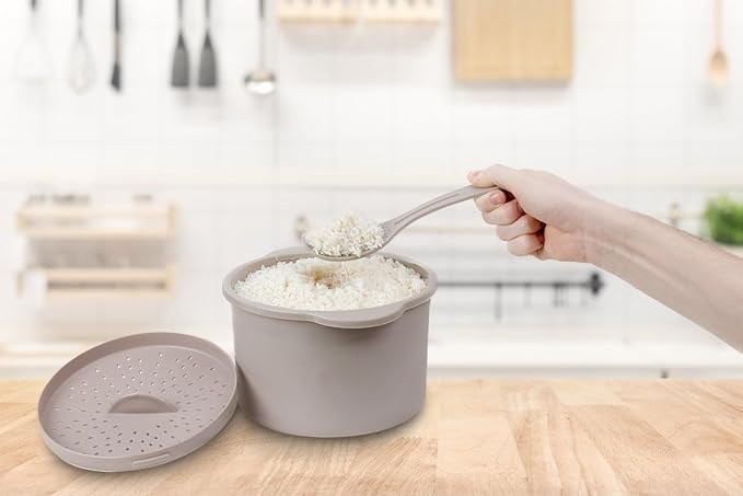 Microwave Rice & Grain Cooker, Locking Lid | Easy Cook Container, Heat-Resistant Handles, Includes Measuring Cup & Mixing Paddle, Cooks Veggies & More
