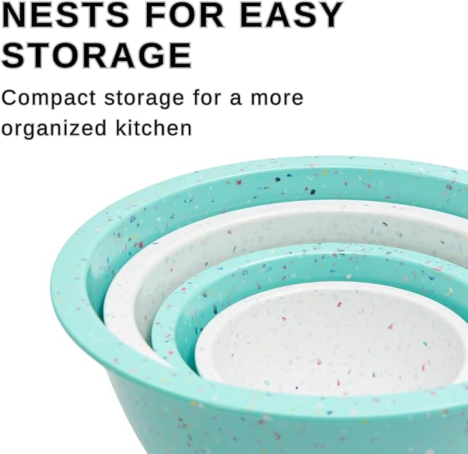 Confetti Melamine Mixing Nesting Bowls Set, 4 Piece 18oz to 4qt Mint | Colorful Kitchen Bowls (18oz, 1.25QT, 2.5QT, 4QT) - BPA-Free, Dishwasher Safe, Space-Saving
