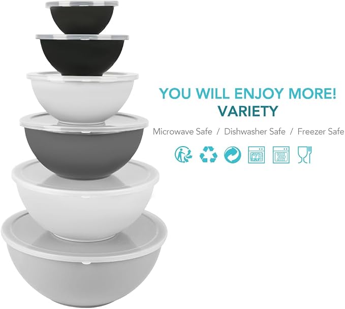 BoxedHome BPA Free Plastic Round Mixing Bowl with Lids, 12 Pack Nesting Bowls with Lids Set, Microwave and Dishwasher Safe Prep & Serving Bowls Great for Mixing, Baking, Serving (Grey, 12pcs)