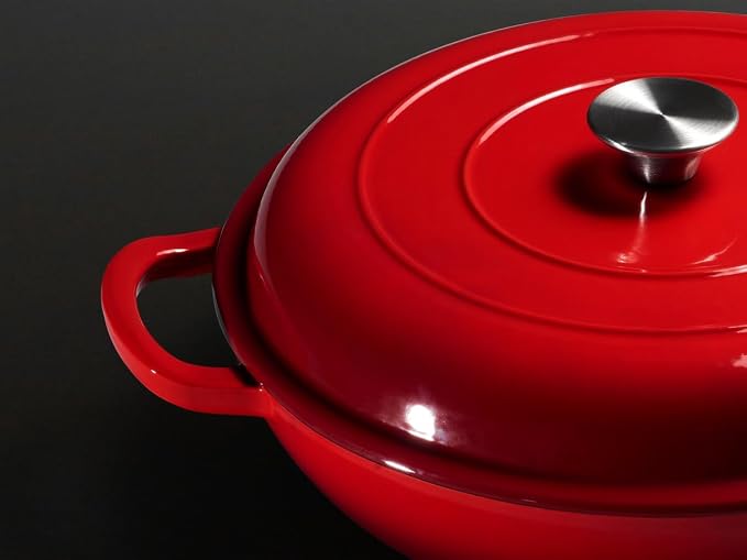 Leonyo 3.6QT Cast Iron Braiser Shallow Dutch Oven with Lid, Red | Nonstick Enameled Cast Iron Casserole Skillet, Cast Iron Cookware Shallow Dutch Oven with Lid for All Cooktop, Oven Safe