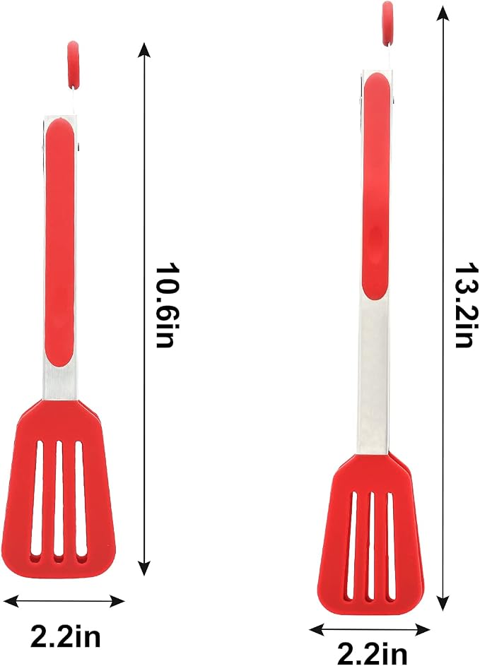 Cooking Tongs 9" and 12" Stainless Steel Kitchen Silicone Serving Tongs | Heat Resistant Meat Turner Spatula Tong Fish Tongs for Grilling Steak Salad Pasta Buffet Serving (Red)