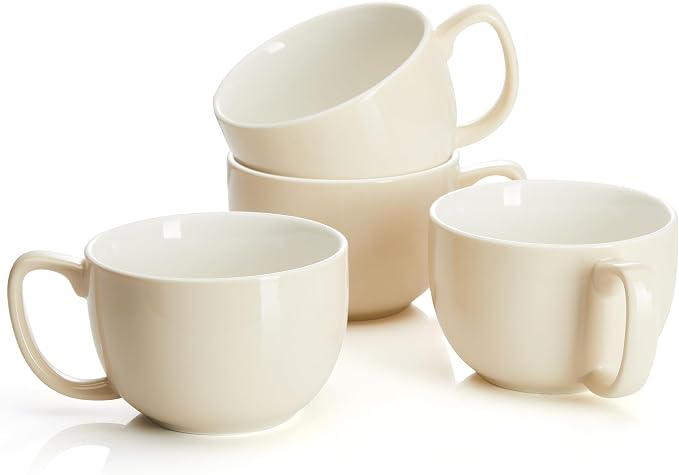 Teocera 16oz Large Coffee Mugs Set of 4 - Thick Cream Porcelain Cups for Cappuccino, Latte, Tea & Hot Chocolate - Dishwasher Safe Ceramic with Comfort Grip Handles