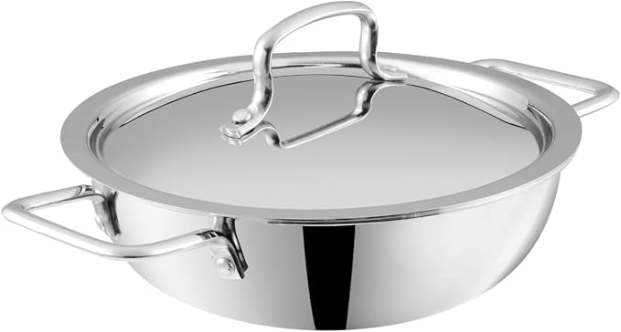 Vinod Platinum Triply Kadai, Extra Deep, 22cm, Induction, for Home Kitchen | Stainless Steel Wok For Sauces, Stews And Soups; Electric Stove Compatible, Durable Tri-Ply Base