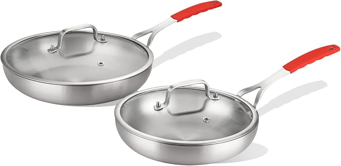 DELARLO Tri-Ply Stainless Steel Frying Pan Set 8" 10" with Lid Skillet | Stainless Steel Pan Cooking Heat fast and evenly Compatible with All Cooktops Dishwasher and Oven Safe