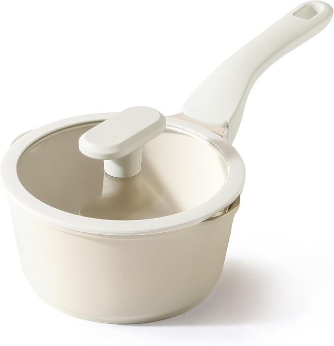 PRICUSIS Ceramic Nonstick Saucepan with Lid, 1.3 Quart Non Toxic Pot with Pour Spouts, Full Coated, 100% Dishwasher Safe, Induction Compatible, PTFE PFAS & PFOA Free, Coconut White