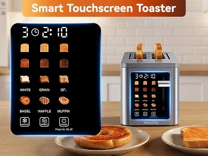 Mecity 2 Slice Toaster Smart Touchscreen, Stainless Steel Wide Slot Toasters Defrost, Reheat, Memory Function, Auto Shutoff, Digital Electric Bread Toaster for Bagel Muffin Waffle, 120V