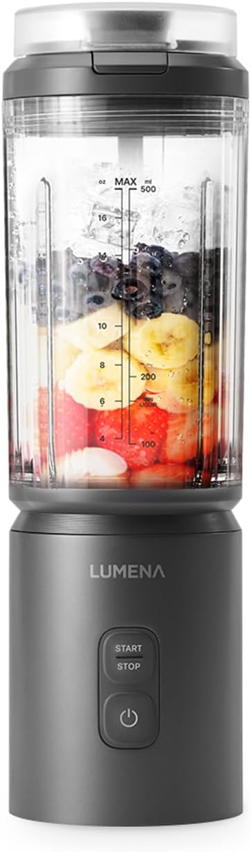 LUMENA THE KITCHEN PB1 17oz Personal Blender for Smoothies & Shakes, USB-C Rechargeable, BPA-Free, 6-Point Stainless Steel Blades, Cordless Portable Blender (METALLIC GRAY)