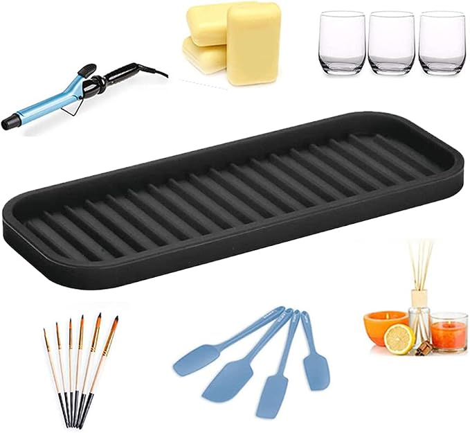 Small Silicone Heat Resistant Mat for Curling Iron, Heat Pad for Hot Hair Tools, Kitchen Sink Organizer Tray and Sponge Holder for Bathroom Counter, Groove Coasters for Drinks (Gray)