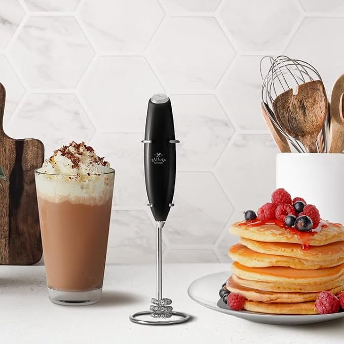 Zulay Powerful Milk Frother for Coffee with Upgraded Titanium Motor - Handheld Electric Whisk, Milk Foamer, Mini Mixer & Coffee Blender for Frappe, Latte, Matcha, No Stand - Ultra Black