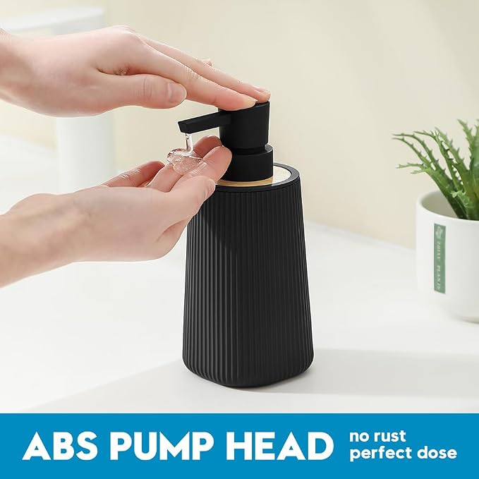 YAUKPH Small Soap Dispenser for Bathroom and Kitchen Bamboo Decor Black | Modern Farmhouse Striped Style Plastic Hand Soap Dish Soap Dispenser
