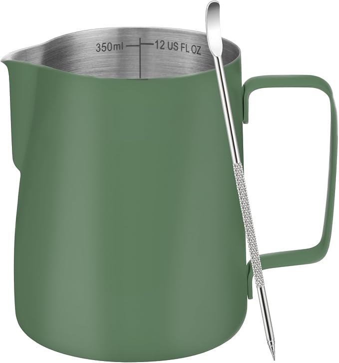 Amrules Milk Frothing Pitcher 12oz Frother Cup Barista Tools, Green | 18/8 Stainless Steel, 12oz Capacity with Clear Scale, with Decorating Pen, Ergonomic Handle, for Cappuccino, Latte & Espresso