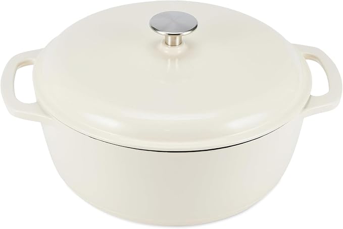 Amazon Basics Enameled Cast Iron Dutch Oven Pot with Lid, Round, Dual Handles, Heavy-Duty, Oven Safe for Stews, Roasting, Baking, 7.3-Quart, White