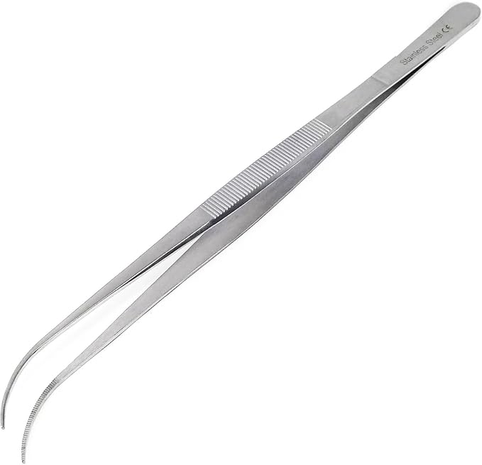 Professional Culinary Stainless Steel Precision Tongs with Serrated Tips, Plating/Food Presentation Detailing Serving Tongs, Chef's Kitchen Tweezer Tongs - Ultra Non-Slip Grip (10 Inch Curved)