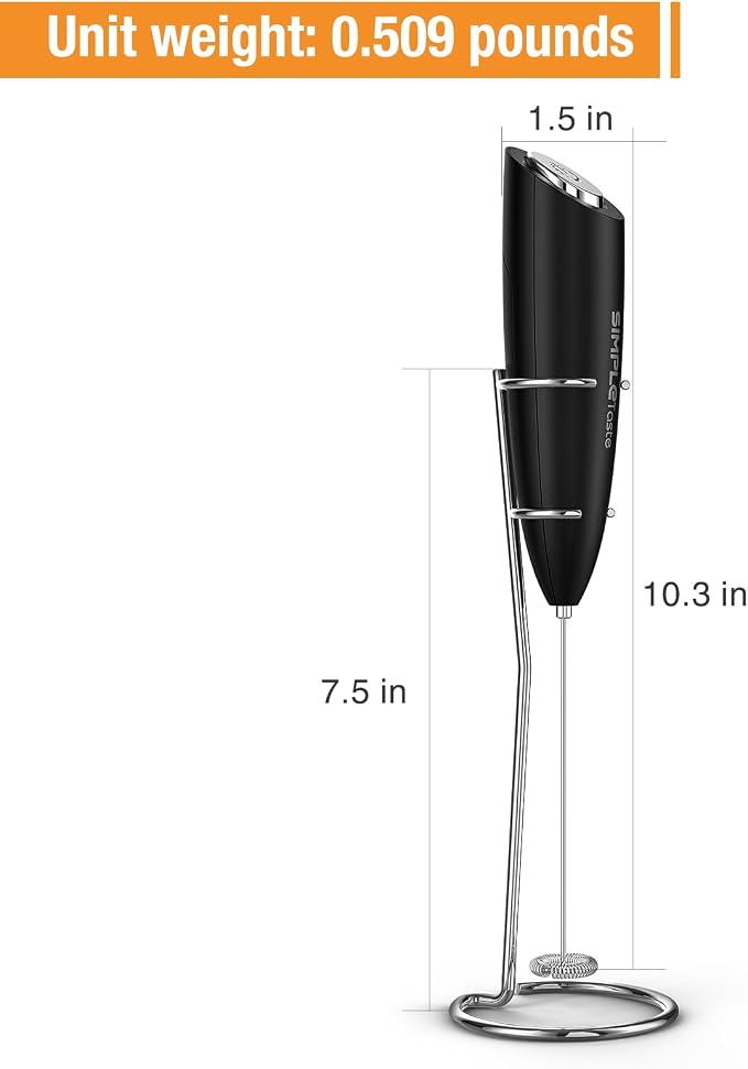 SIMPLETASTE Milk Frother Handheld Electric Foam Maker Battery Operated | Drink Mixer with Stainless Steel Whisk for Cappuccino, Bulletproof Coffee, Latte, Black, with Stand