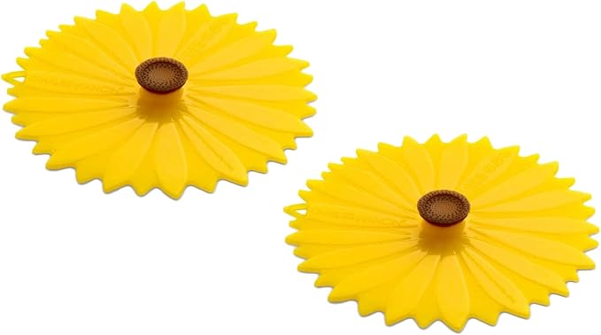 Charles Viancin - Set of 2 Sunflower 4” Silicone Drink Covers - Airtight Seal on Any Smooth-Rimmed Glass, Keep Drinks Cool or Hot, Protect from Winged Pests - BPA-Free - Oven, Freezer, Dishwasher Safe
