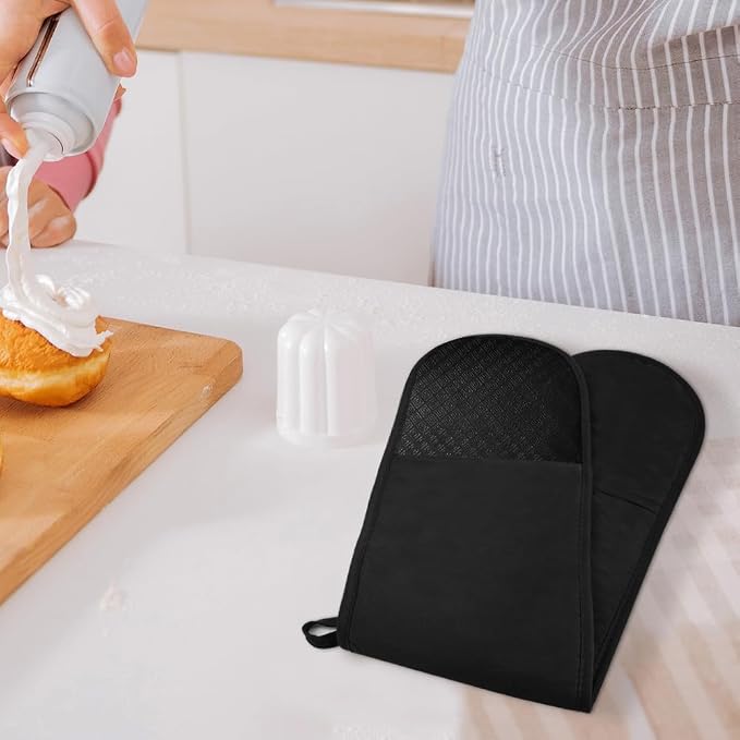 AUAUY Black Double Oven Mitts, 250°C/482°F Heat Resistant BBQ Mittens with Ropes, Silicone Non-Slip Design Kitchen Mittens, Cooking Glove Top Kitchen Gadgets for Cooking Baking Grilling | with Ropes, Silicone Non-Slip Design Kitchen Mittens, Cooking Gl...