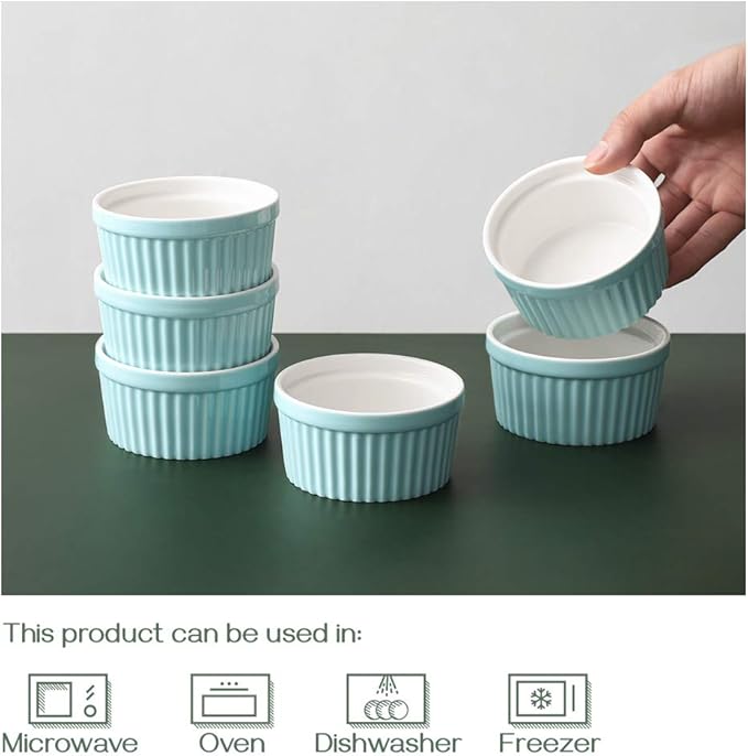 DOWAN 4 oz Ramekins for Creme Brulee, Porcelain Ramekin Oven Safe, Classic Style Ramekins for Baking Souffle Dishes Small Bowls Custard Cup, Set of 6, Blue