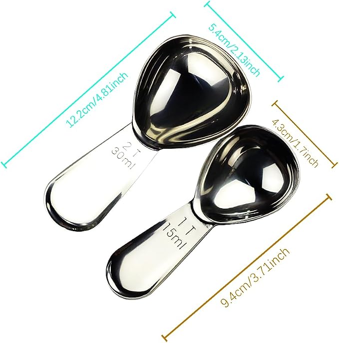 CoaGu Coffee Scoop Set: 15ml & 30ml (1Tbsp & 2Tbsp) 18/8 Stainless Steel Tablespoons for Precision Coffee Brewing and Baking