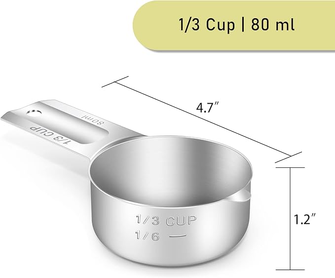 2PCS 1/3CUP(80ml, 2.7oz) Measuring Cup, 18/8 Stainless Steel Measure Scoop | High Precision, Food-Grade 304 SS, ‌Rust-Free, Dishwasher-Safe, Easy-Read Markings, Multi-Purpose, Sturdy & Durable