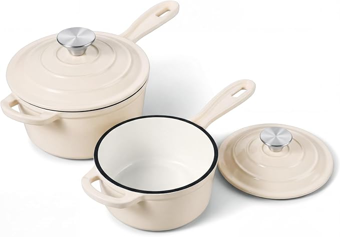 Onader Enameled Cast Iron Saucepan Set, 1 Quart & 2 Quart Sauce Pan with Lid, Small Cast Iron Pot for Cooking, Enamel Dutch Oven, Nonstick & Heavy Duty – Cream White