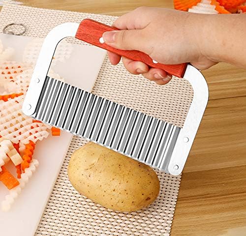 2 Pcs Crinkle Cutter Potato Slicer Wavy Chopping Tool French Fry Veggies | Heavy Duty Wooden Handle Sharp and Deep Waves Crinkle Cutting Set for Carrot Zucchini Pickled Cucumber Dishwasher Safety