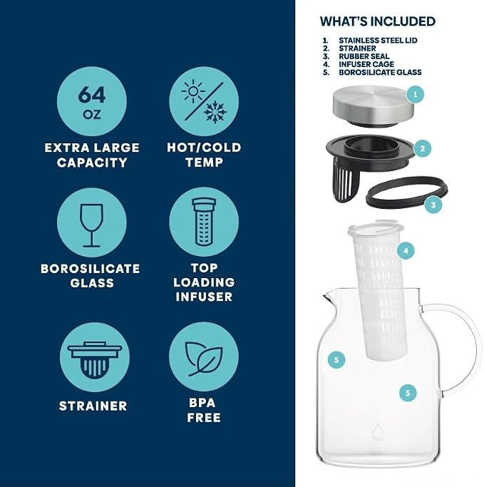 Glass Fruit Infuser Water Pitcher, Heat Resistant for Hot/Cold Use, Great Iced Tea Pitcher | Tranquil Collection, 2 Qt