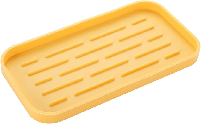 MicoYang Silicone Kitchen Sink Organizer Tray for Multiple Usage,Easy Clean,Eco-Friendly Sponges Holder for Kitchen Bathroom Counter or Sink,Dish Soap Dispenser,Scrubber,Bottle,Cup Yellow 10”x 5.3”
