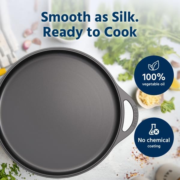COOKLIFE 12inch Lightweight Pre-Seasoned Cast Iron Griddle Smooth Grill Pan | Non-Stick Polished Flat Pan Use with an Oven, Stove, Grill, or Campfire, Handcrafted, PFAS-Free, Non-Toxic, Easy to Clean