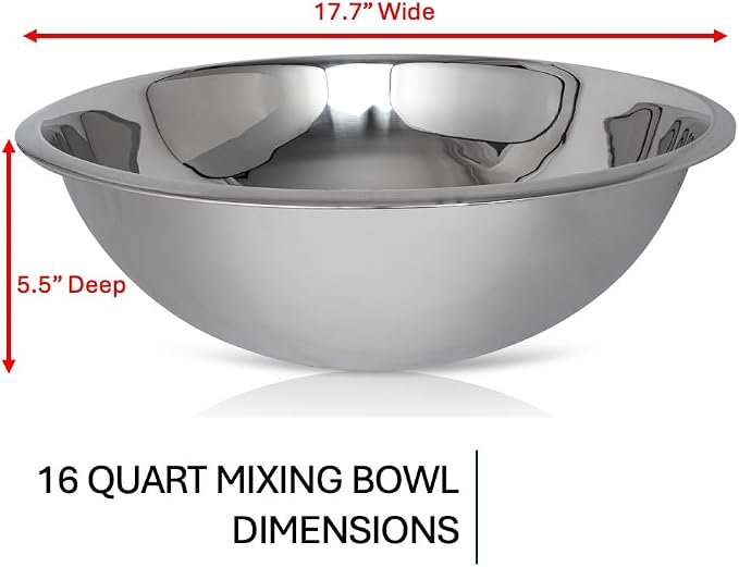 16 Quart Large Stainless Steel Mixing Bowls Set, 3-Pack, Nesting Bowls | Extra Large Commercial Grade Metal Bowls for Meal Prep, Baking, Serving, Food Storage. Rustproof & Dishwasher Safe