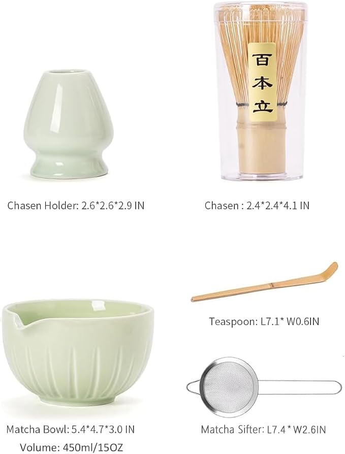 TANG PIN Matcha Set - Match Bowl and Whisk, 15 OZ Matcha Whisk Set | Matcha Scoop | Matcha Whisk Stand (Chasen Holder) - 5pc Perfect Matcha Kit for Matcha Tea Ceremony (Green)