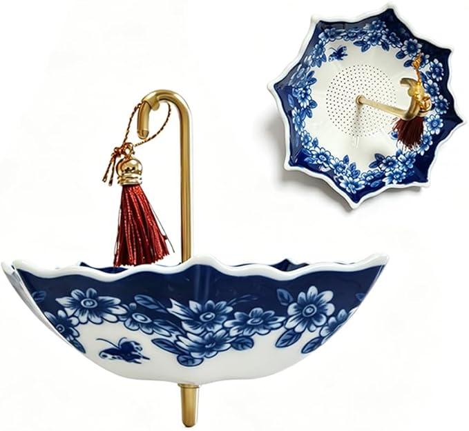 Umbrella Tea Strainer,Blue and White Porcelain Umbrella Shape Ceramic Tea Strainer,Tea Infuser for Loose Leaf Tea,Filter with Rotating Design for Coffee Brewing,Tea Accessories