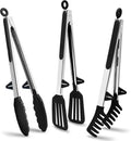 12" Kitchen Tongs for cooking with Silicone Tips, 3Pcs Serving Tongs, Black | Small Silicone Tongs mit kickstand, Food Grade, 3 different type of tongs, Stainless Steel