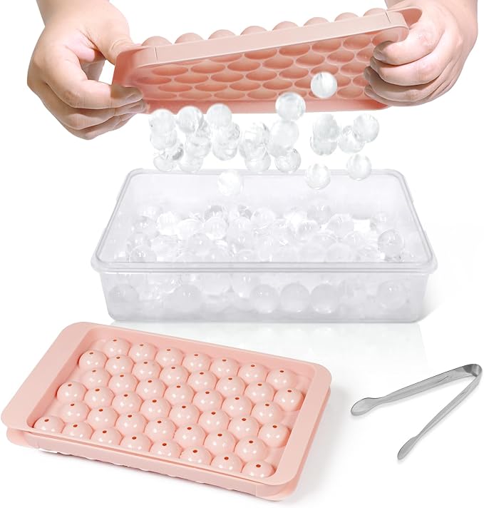 Ice Cube Tray with Lid and Bin, 0.8" Round Ice Trays for Freezer | 2 Pink Ice Cube Trays with Ice Box & Tong, 0.8" Round Ice Balls for Iced Coffee & Juice, Easy Twist Release, For Gatherings