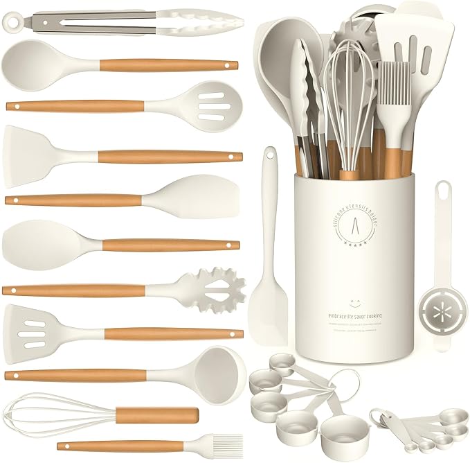 AVGPD Silicone Cooking Utensils Set, Silicone Utensils for Cooking, 446° Heat Resistant Kitchen Utensil Silicone Spatula Sets, Kitchen Gadgets for Non-Stick Cookware BPA FREE (Cream White)