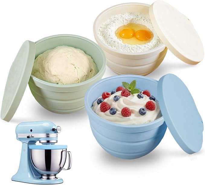 Foldable Silicone Bowl Liners for KitchenAid Tilt-Head 5 Qt Stand Mixers | 3-Pack Thicker 2mm Bowl Inserts with Lids, Cold/Heat-Resistant, Kitchen Aid Mixer Accessories and Attachments for Baking