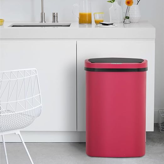 BestOffice | 13 Gallon Plastic Trash Can with Lid | Red | Automatic Touchless Garbage Can | Odor Control | Modern Oval Design | Easy to Clean | For Kitchen, Bathroom, Office or Home