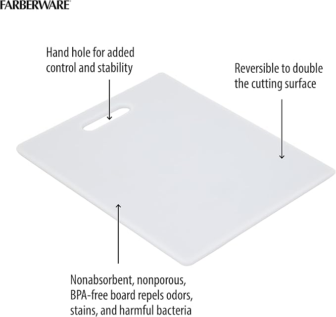 FARBERWARE Reversible Plastic Cutting Board, 8x10 Inch, White, Dishwasher Safe, Non-Porous and Durable for Chopping, Slicing, Prep, Easy to Store
